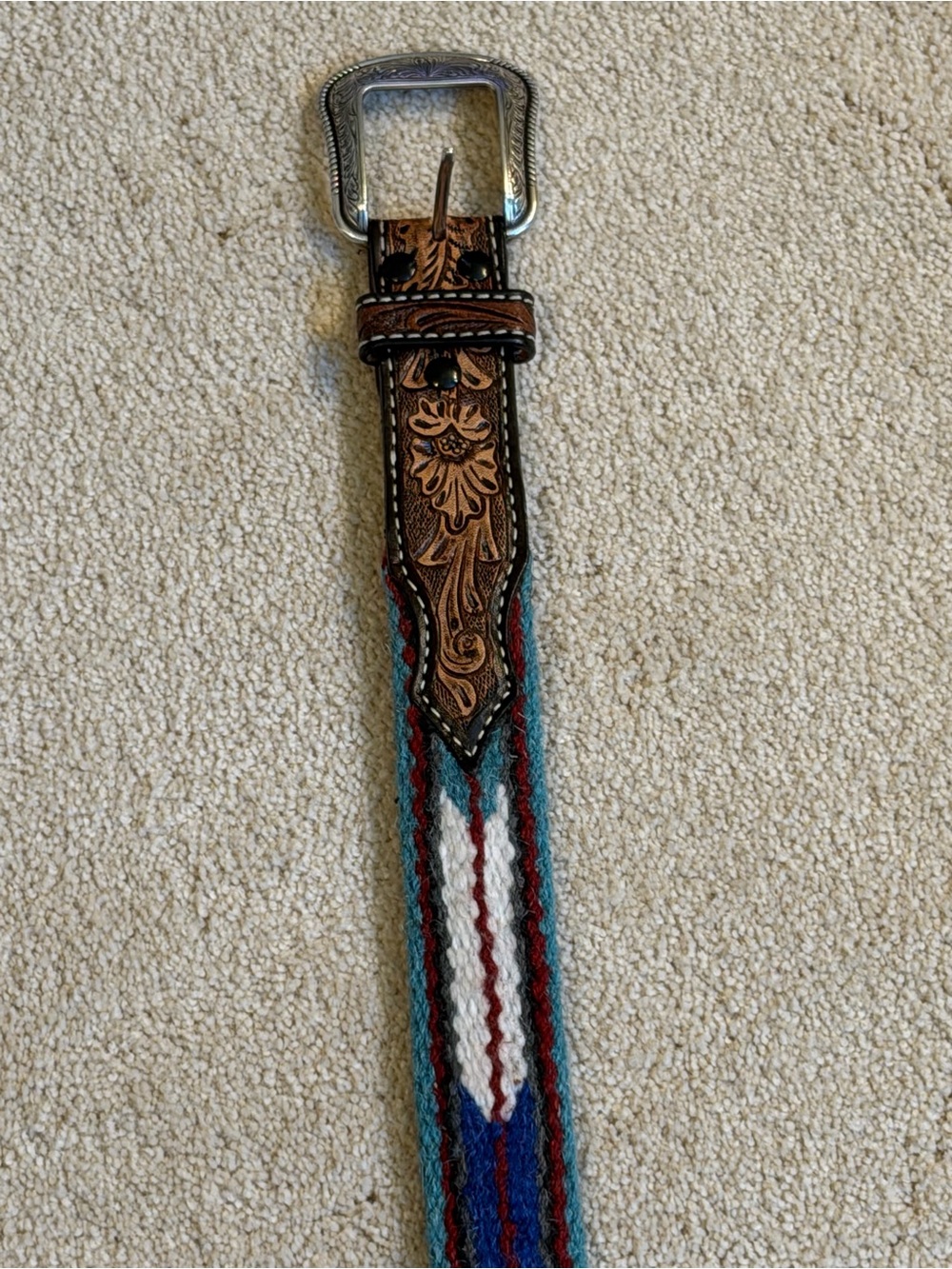 3D Mens Western Belt Sz 44 Silver Toned Buckle Handmade Leather & Woven Textile